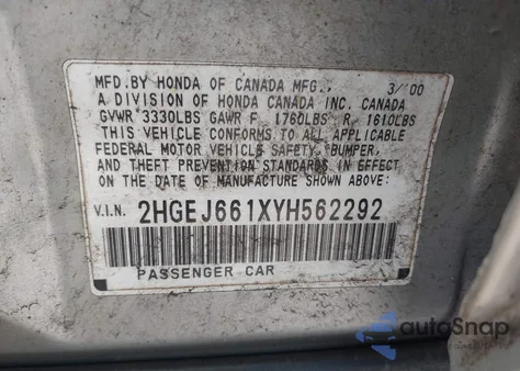 2000 Honda Civic Value Package из США, поврежденный, VIN 2HGEJ661XYH562292